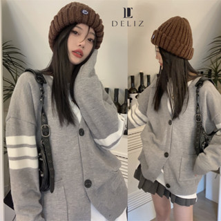 Áo khoác len cardigan trơn tay dài cổ tròn sọc kẻ form rộng chất mềm thời trang mùa thu ulzzang DELIZ