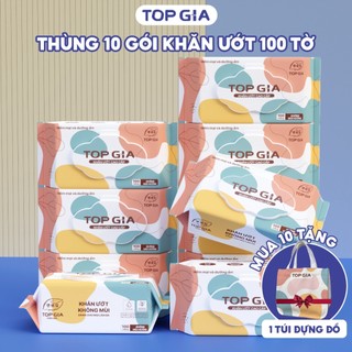 Thùng 10 gói khăn ướt cao cấp Topgia 100 tờ mềm mại, không mùi không parabens dành cho em bé
