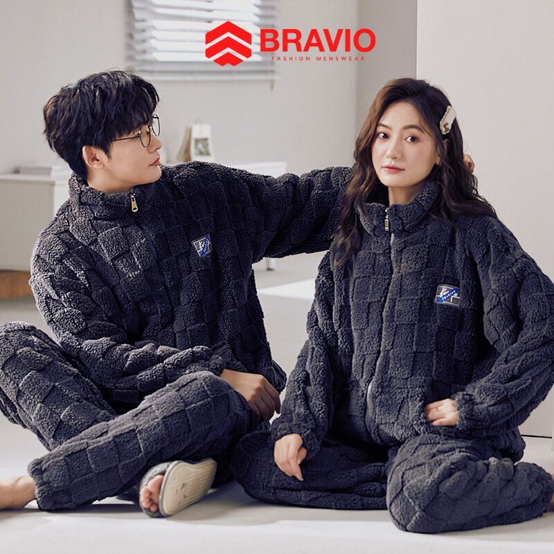 Bộ đồ ngủ nam nữ, bộ quần áo mùa đông thể thao, bộ giữ nhiệt lông cừu siêu ấm mềm mại thoải mái Hàn Quốc BRAVIO KP122
