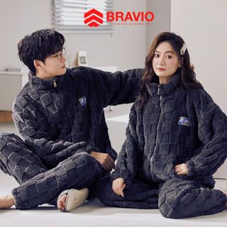 Bộ đồ ngủ nam nữ, bộ quần áo mùa đông thể thao, bộ giữ nhiệt lông cừu siêu ấm mềm mại thoải mái Hàn Quốc BRAVIO KP122