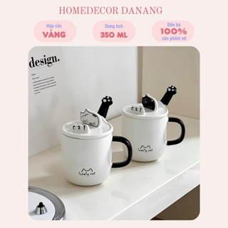 [Kèm hộp+túi+thiệp] Cốc gốm sứ tráng men kèm nắp mèo và muỗng chân mèo, ly sứ tráng men cặp đôi