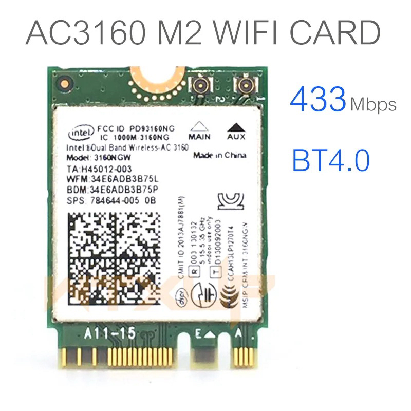 Card Wifi Intel Dual Band Wireless-AC 3160 3165 Blutooth 4.0 2 băng tần 2.4g / 5g 433m Ngff