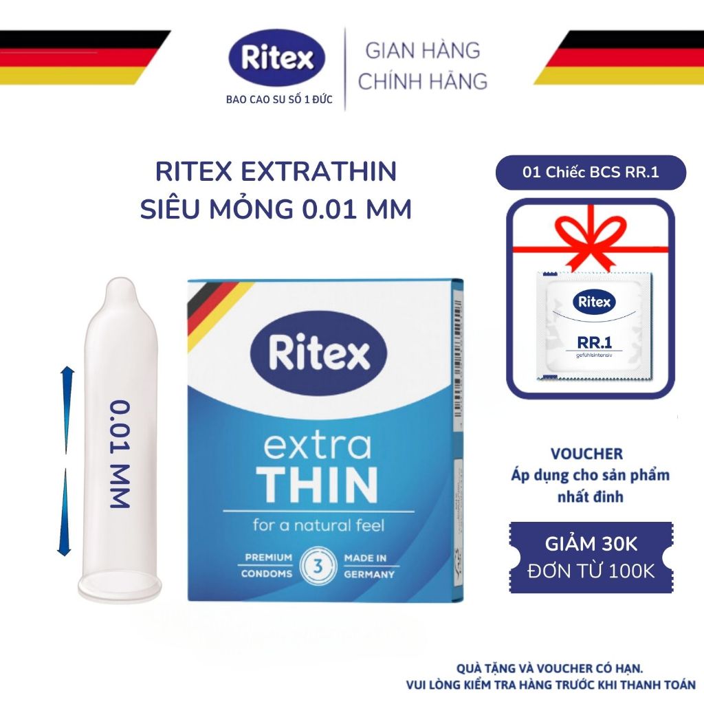 Bao Cao Su Siêu Mỏng RITEX EXTRATHIN 0.01MM Nhiều Gel Bôi Trơn Hộp 3 BCS