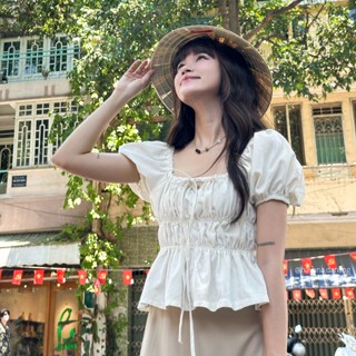 Áo kiểu linen nhún thân dáng babydoll trễ vai tay bồng tiểu thư 2 dây buộc nơ HAVANA AO362