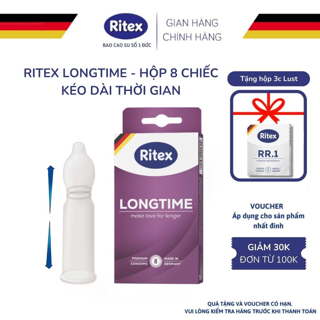 Bao Cao Su Kéo Dài Thời Gian RITEX LONGTIME An Toàn Siêu Mỏng Nhiều Gel Bôi Trơn Hộp 8 BCS RITEX