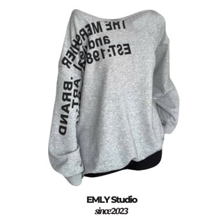 EMLYvn - Áo Sweater Lệch Vai Dáng Rộng In Chữ Hàn Quốc Dành Cho Nữ, Áo nỉ lệch vai cá tính EMLY