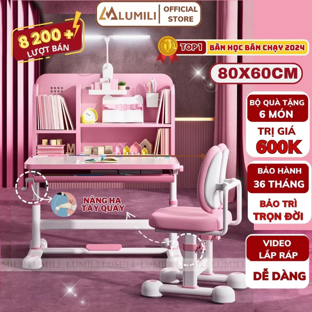 Bộ bàn học chống gù Lumili R22, bàn học cho bé có giá sách, bàn học sinh nâng hạ độ cao