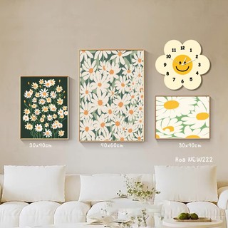Bộ sưu tập set 3 tranh hoa lá cành đã có khung kèm đồng hồ sáng tạo, phong cách hiện đại.
