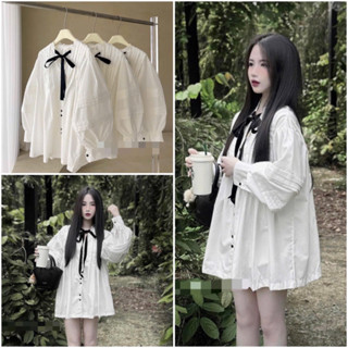 Áo Váy Sơ Mi Babydoll Dáng Ngắn ( Cần Mặc Sooc Bên Trong) Có Thắt Nơ Đen Tiểu Thư Xinh Xỉu