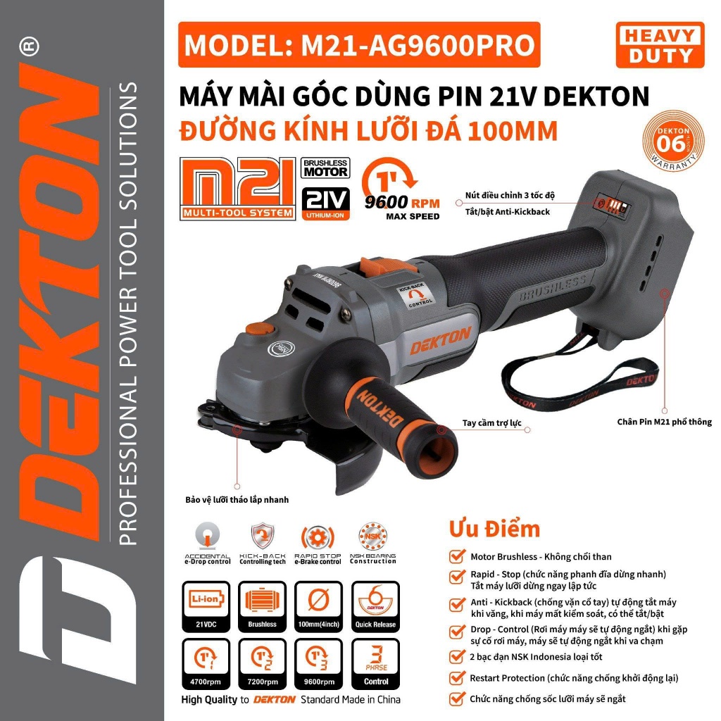 Thân Máy Mài Pin DEKTON M21- AG9600PRO/ Trang Bị Tính Năng [Drop-KickBack-RapidStop/Control] Chân Ph
