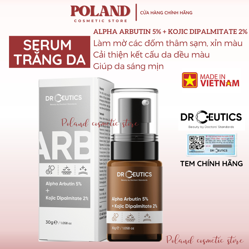 Serum trắng da DrCeutics ARB với Alpha Arbutin 5% và Kojic Dipalmitate 2% giúp mờ thâm nám 30ML