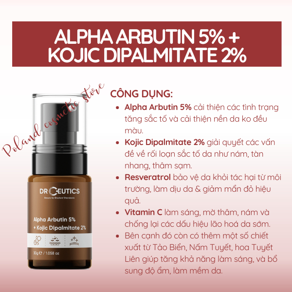 Serum trắng da DrCeutics ARB với Alpha Arbutin 5% và Kojic Dipalmitate 2% giúp mờ thâm nám 30ML