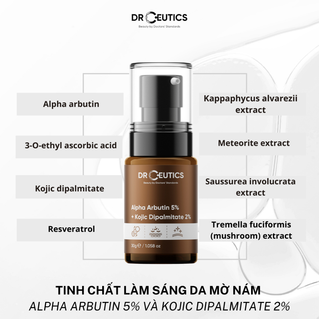Serum trắng da DrCeutics ARB với Alpha Arbutin 5% và Kojic Dipalmitate 2% giúp mờ thâm nám 30ML