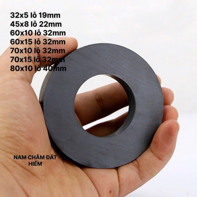 Nam châm đen Ferrite có lỗ nhiều kích thước 60x15 lỗ 32mm, 32x5 lỗ 18mm , 45x8 lỗ 22mm, 60x10 lỗ 32mm, 70x10 lỗ 32mm