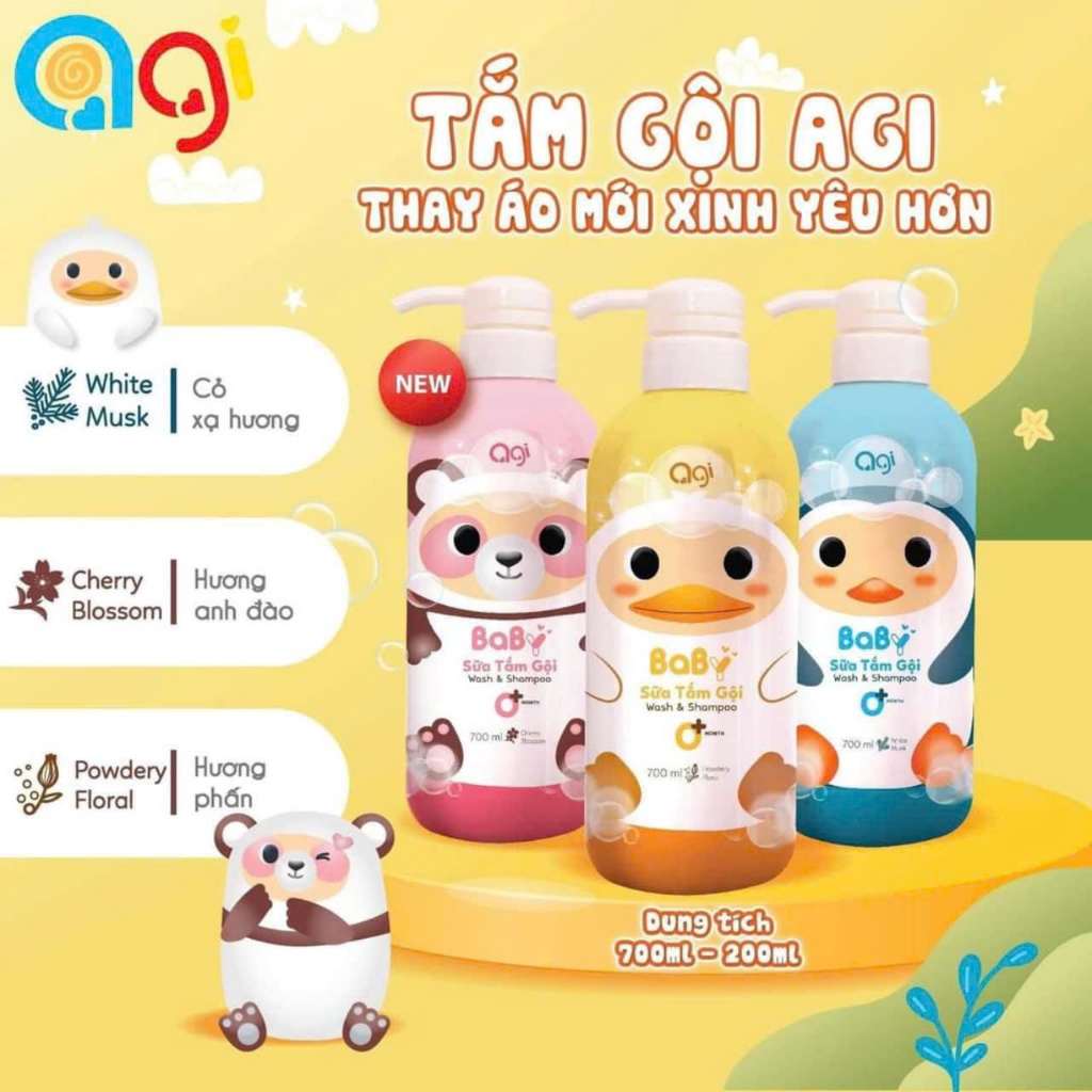 Sữa tắm gội Agi  2 trong 1 cho bé 700ml mềm dịu cho da nhạy cảm