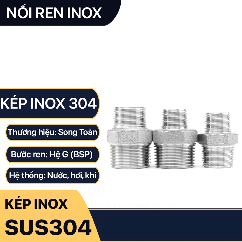 Kép Thu Inox 21-13, 21-17 Hai Đầu Ren Ngoài Bằng Inox - Inox Pipe Reducing Hexagon Nipple