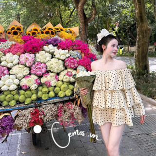 Váy trễ vai chấm bi tầng siu sang chảnh, Đầm nữ hở vai babydoll tiểu thư siu xinh