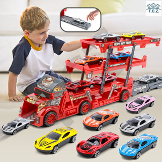 Ô tô đồ chơi xe tải 3 tầng kèm 6 xe đua nhỏ. mô hình đường đua xe có thể gấp gọn, đồ chơi ô tô