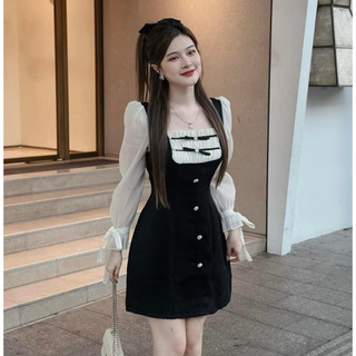 ĐẦM ĐEN NÚT NHÚN NGỰC PHỐI NƠ VIỀN REN TAY TRẮNG BO PHỒNG