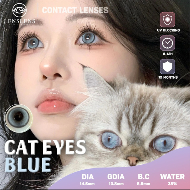 Lens xanh mắt mèo giãn to 14.5mm, cận 0 Đến 8, kính áp tròng xanh mắt mèo, lens mắt mèo, CAT EYE BLU