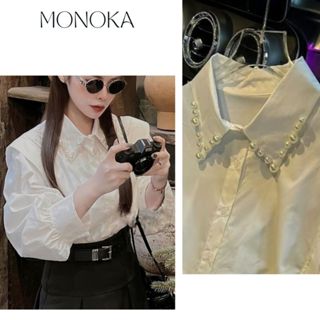 Áo sơ mi cổ đính ngọc trắng dài tay bèo vai tiểu thư sang trọng Áo kiểu nữ công sở dáng rộng bánh bèo xinh T501G MONOKA
