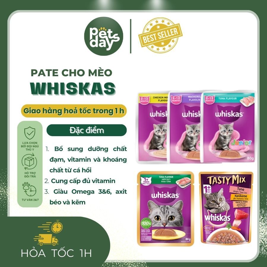 Pate Whiskas 80G - Thức ăn Dạng Gói Sốt Từ Thịt Thật Cho Mèo Con, Mèo Lớn - DAYSPET