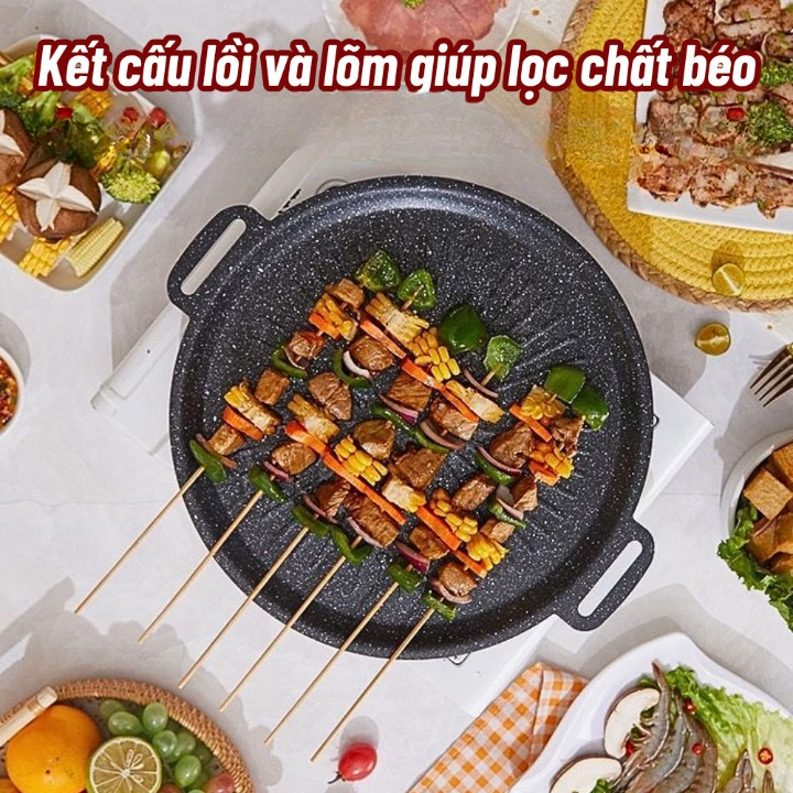 Chảo Nướng Đá Chống Dính Không Dầu Hàn Quốc Size 34cm Chảo Nướng Thịt Dùng Được Cho Cả Bếp Từ