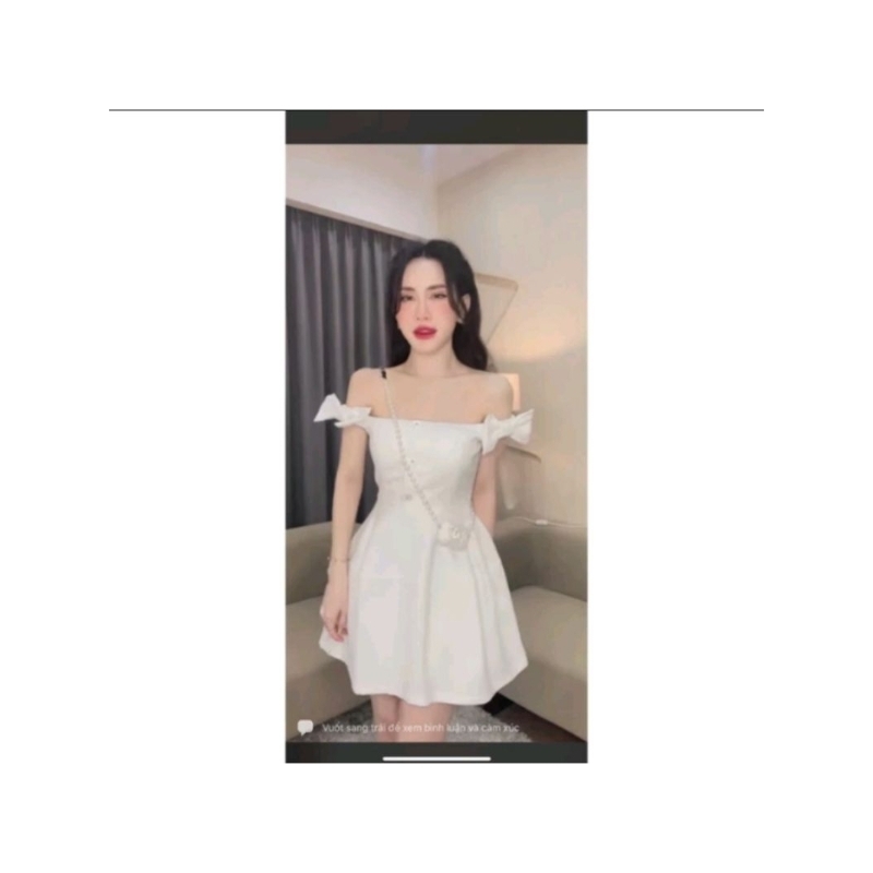 ( Ảnh thật) Đầm dự tiệc trễ vai sang chảnh 2 màu chất mềm mịn có mút, nơ vai cúc ngực