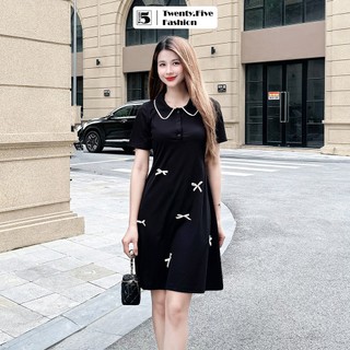 Đầm nữ Twentyfive thun ngắn tay, cổ polo, đính nơ trắng DA32