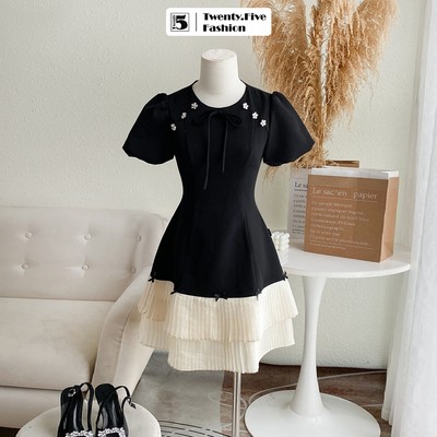 Đầm nữ Twentyfive công sở dạo phố cổ tròn đính nơ và đá hoa, vạt xếp ly 2 tầng DA39