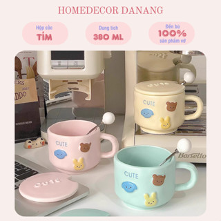 [Kèm hộp+túi+thiệp] Cốc nước gốm sứ in nổi Hàn Quốc Walnut Market kèm nắp và muỗng, ly sứ uống nước Hàn Quốc