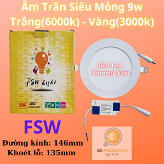  FSW  Bóng Đèn Led Âm Trần Siêu Mỏng 9W - Tròn - Vuông   Trắng - Vàng   Bảo Hành 2 năm 