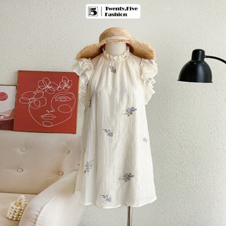 Đầm nữ Twentyfive sát nách, trễ vai, bèo tay, 2 lớp, vải hoa DQ42