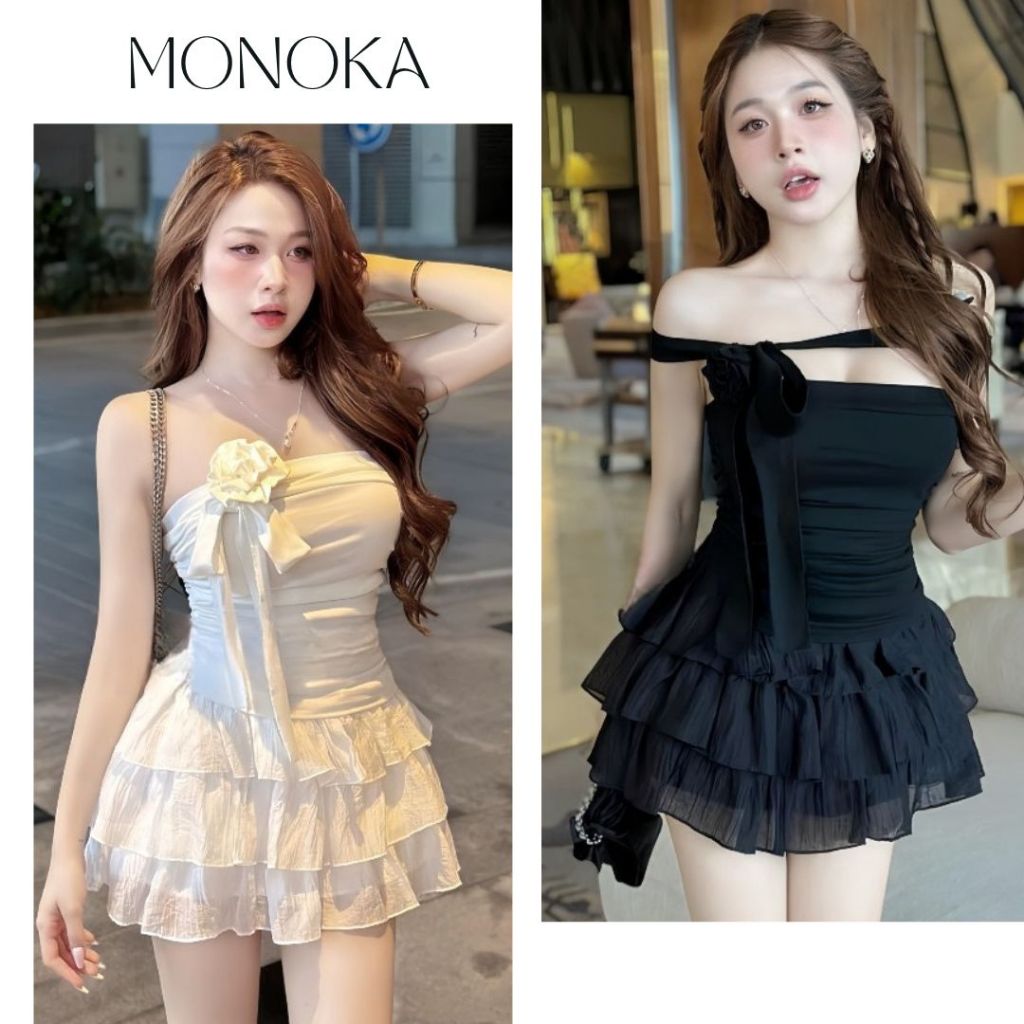 Set đồ nữ áo cúp ngực chất thun ôm body + chân váy ngắn voan bèo 3 tầng xòe có quần + dây cổ choker hoa T505G