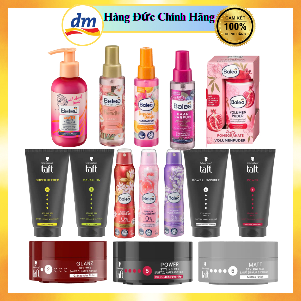 Bộ Gel Vuốt Tóc Taft, Xịt Nước Hoa Dưỡng Tóc Balea, Kem Phồng Chân Tóc, Xịt Thơm Cơ Thể Balea-Đức