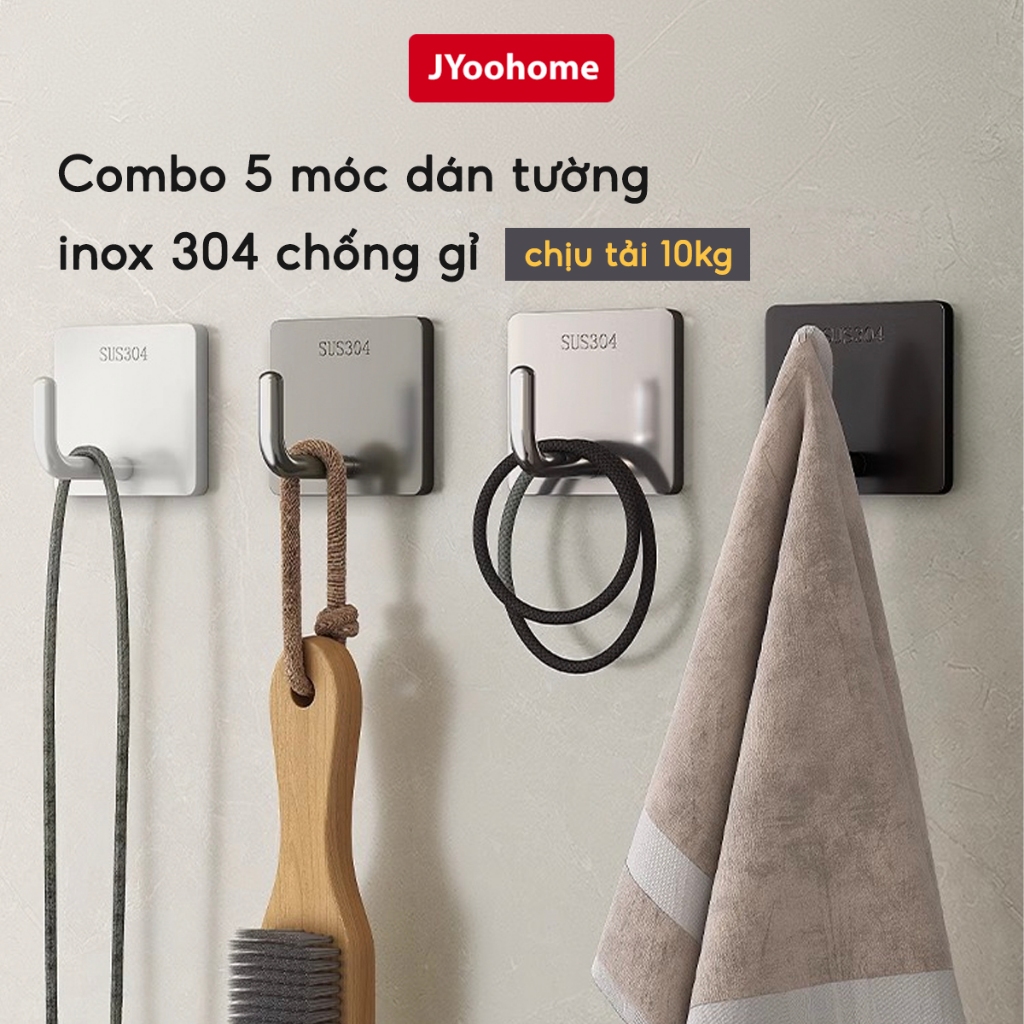 COMBO 5 Móc dán tường chịu lực inox 304 JYoohome Móc treo đồ đa năng quần áo đồ dùng tiện ích