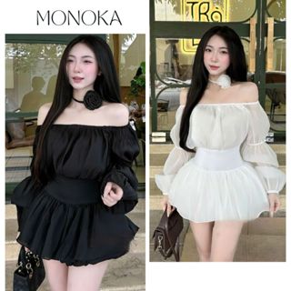 Váy áo trễ vai tay bồng loe dáng bí ngô phồng + quần đùi ngắn bồng + dây hoa đeo cổ choker Set đồ nữ đầm tiểu thư T506G