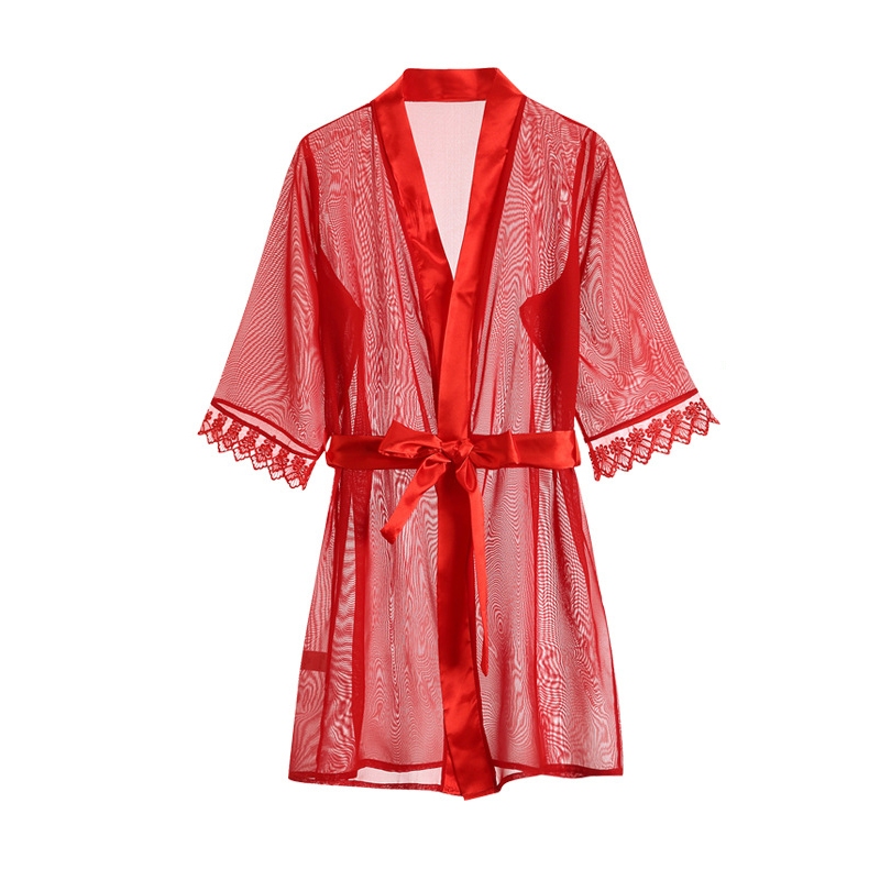 Áo choàng ngủ xuyên thấu phối ren mềm mại gợi cảm áo khoát ngoài nữ mặc nhà có thắt lưng quyến rũ BIKI HOUSE N256 | BigBuy360 - bigbuy360.vn