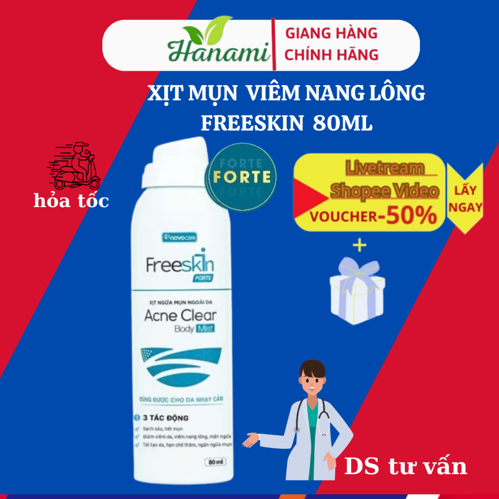 Xịt mụn lưng Freeskin 80ml mờ thâm sáng da xịt mụn ngực,mông, giảm thâm,hỗ trợ giảm viêm nang lông+ 