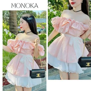 Set đồ tiểu thư áo trễ vai bèo to hồng pastel thắt dây nơ eo dáng xòe gấm xốp+ chân váy xòe trắng voan tơ viền bèo T509G