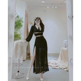 [3.3 Sales Freeship] Set váy thiết kế, set áo cổ v tay dài croptop phối chân váy dài maxi xẻ tà chất vải voan tôn dáng