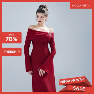 MOLLYNISTA (CHÍNH HÃNG) Đầm thiết kế thun đỏ trễ vai khoen bạc cao cấp thanh lịch quyến rũ tôn dáng