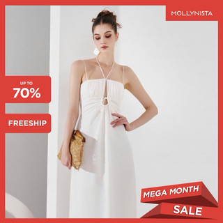 MOLLYNISTA (CHÍNH HÃNG) Đầm thiết kế maxi nhún ngực cột dây quyến rũ nữ tính cao cấp đi chơi đi tiệc