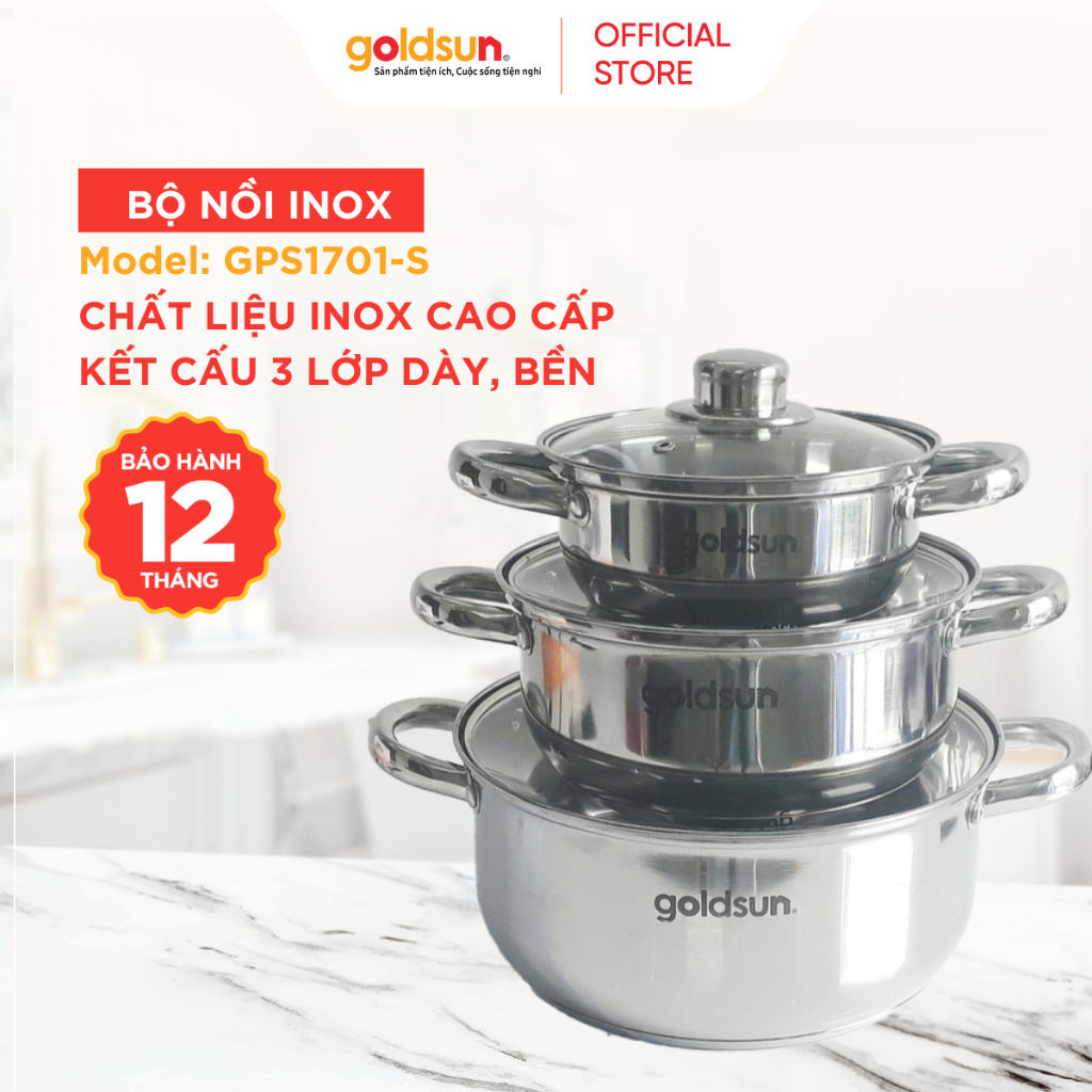 Bộ nồi inox Goldsun GPS1701-S, GPS1702-S kết cấu 3 lớp đáy bền, chắc