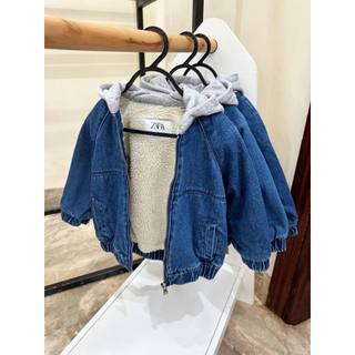 Áo khoác bé trai jean lót lông mũ nỉ