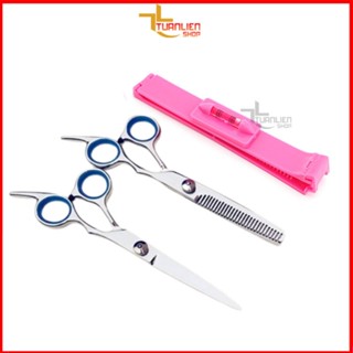  Kéo cắt và tỉa tóc  Tay xanh  + kẹp đo cắt tóc 