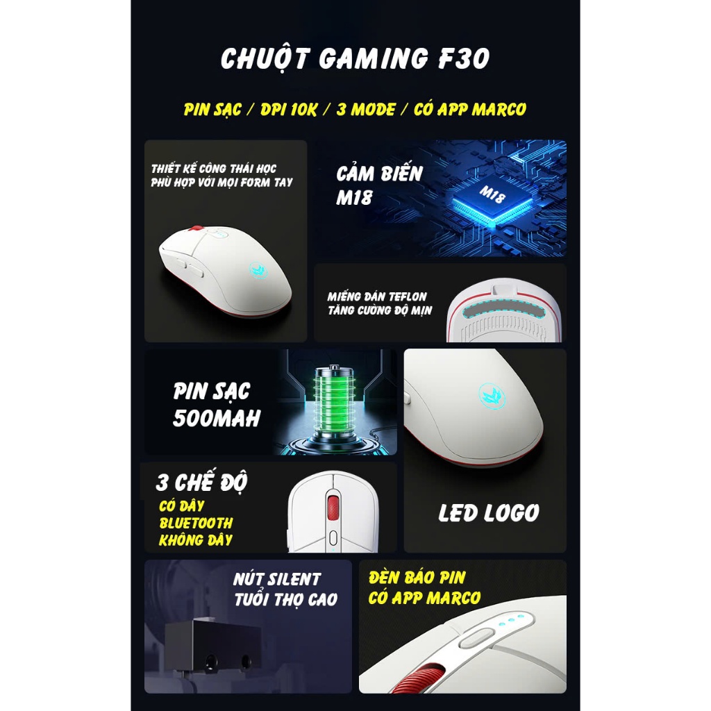 Chuột Silent Gaming Atas F30 Không dây Bluetooth - 3 MODE  - Pin sạc 500mah - Sử dụng liên tục 50h - Có app Marco | BigBuy360 - bigbuy360.vn