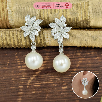 Bông Tai Ngọc Trai Tròn 10ly Charm Hoa Đính Đá Dạng Thả - Ngọc Trai Trường Thịnh