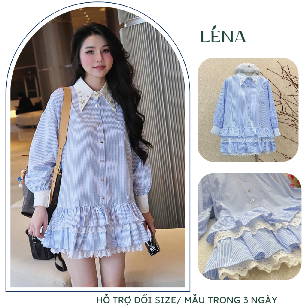  Đầm sơ mi kẻ sọc xanh biển,Váy babydoll tay dài cố đính đá phối bèo ren cao cấp LENA 3122 