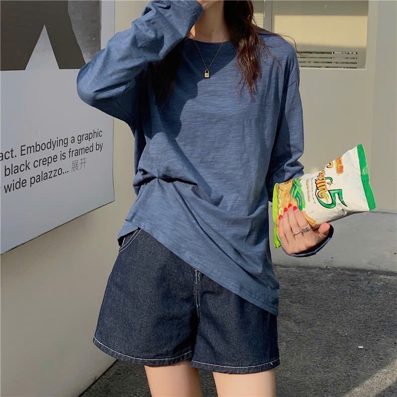 Áo thun tay dài cổ tròn nữ JULY,Áo thun dáng rộng chất xược cotton, thun giấy